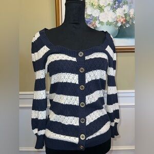Vintage Juicy Couture Navy Blue and White Striped Women's Sweater